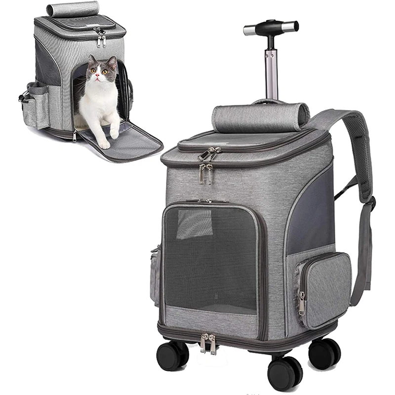 Рюкзак-переноска для домашних животных, Прогулочная коляска для кошек, Автокресло для маленьких собак, кошек, щенков, Рюкзак для кошек со съемными колесиками Изображение 0