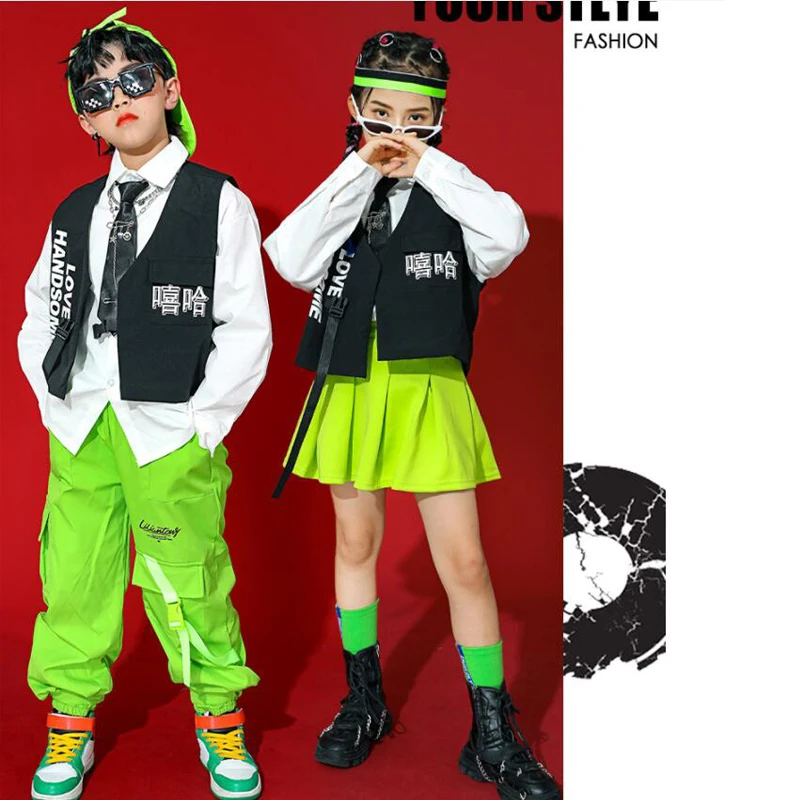 Детская крутая одежда в стиле хип-хоп, куртка без рукавов, Белая рубашка, Топы, Уличная одежда, Брюки-карго для девочек и мальчиков, одежда для джазовых танцев Изображение 5