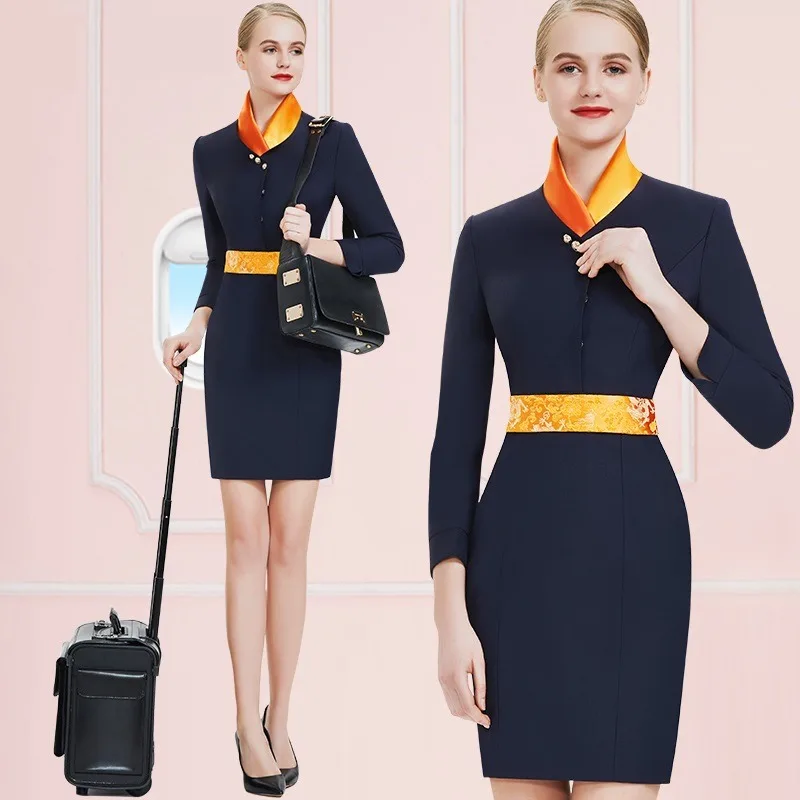 Профессиональный костюм Стюардессы Новых авиакомпаний, Женская Офисная рабочая одежда, темно-синее Платье, Авиационная униформа Изображение 0