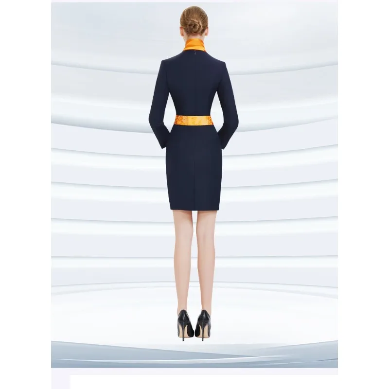 Профессиональный костюм Стюардессы Новых авиакомпаний, Женская Офисная рабочая одежда, темно-синее Платье, Авиационная униформа Изображение 1