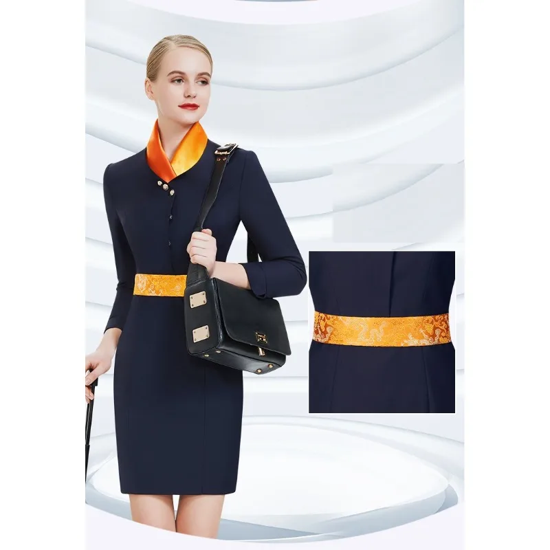 Профессиональный костюм Стюардессы Новых авиакомпаний, Женская Офисная рабочая одежда, темно-синее Платье, Авиационная униформа Изображение 3