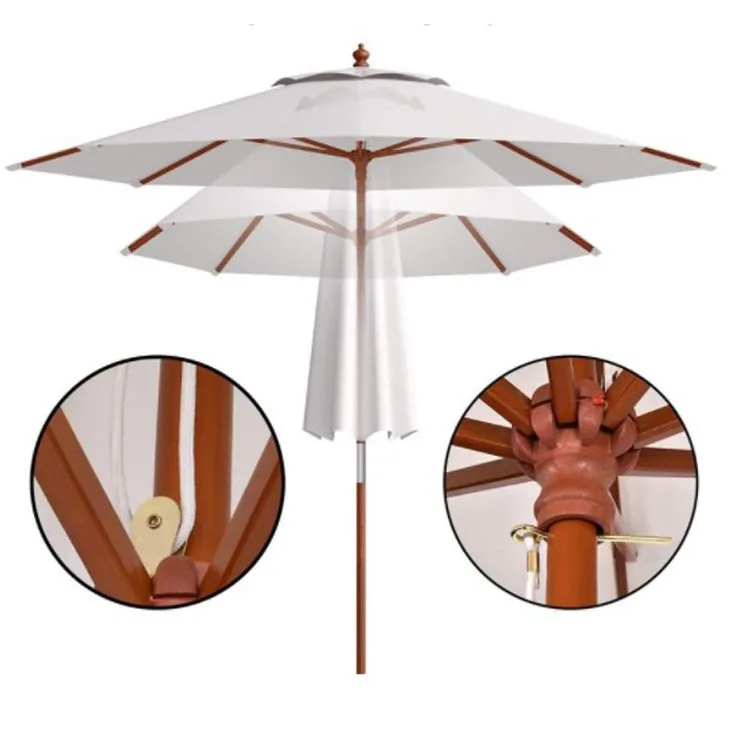 Производители оптом натягивают на веревку 2,7-метровый зонт-колонна, зонты от солнца на открытом воздухе, деревянные тени для сада во внутреннем дворе Изображение 3